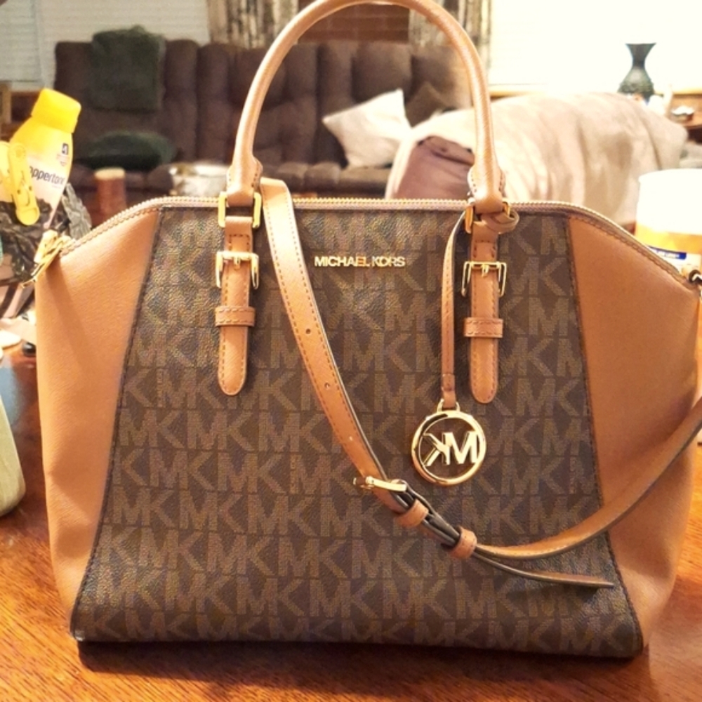 MICHAEL Michael Kors Brown Monogram and Tan Satchel